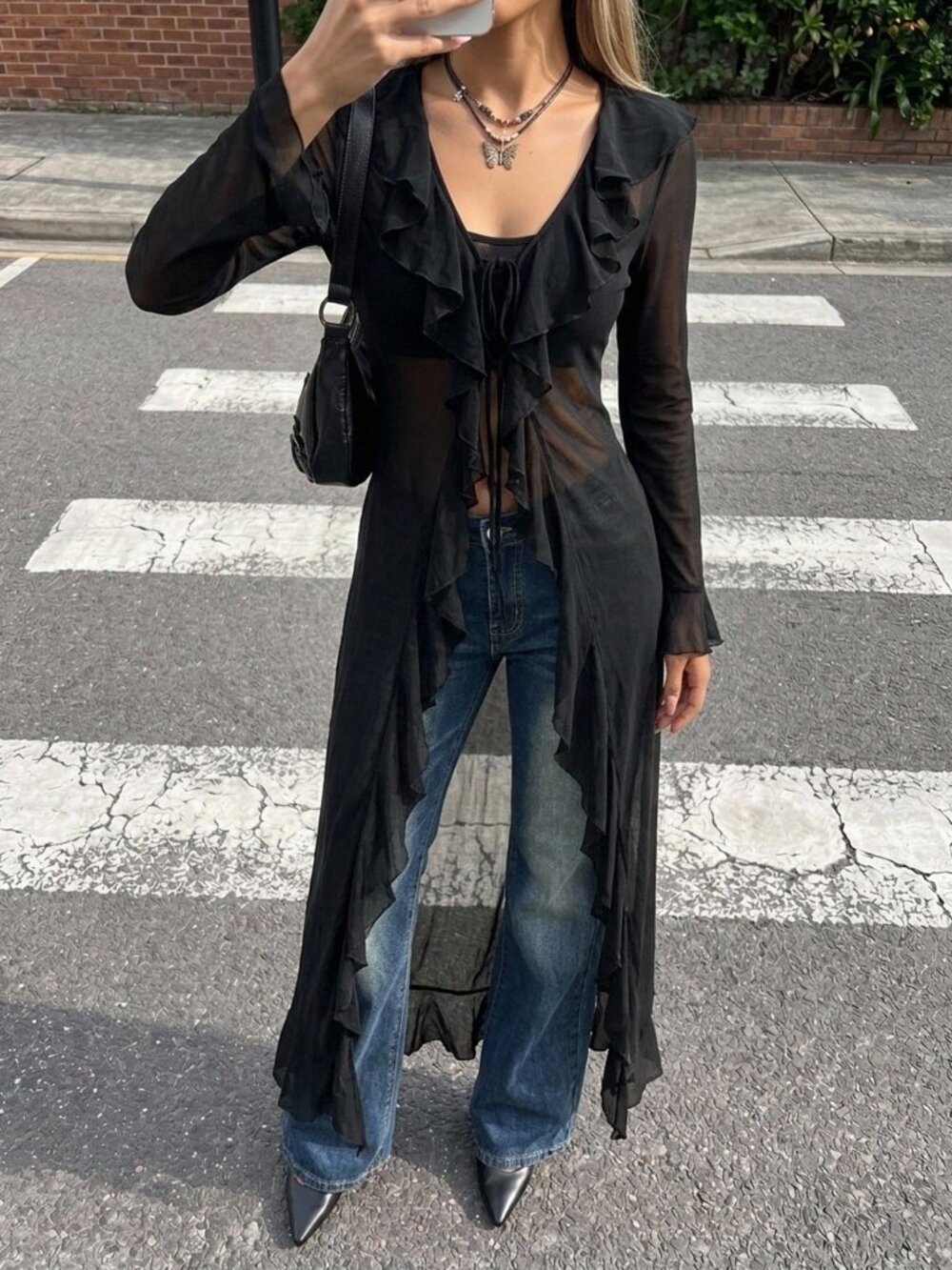 Black Casual Women's Y2k Elegant Ruffle Tie Long Sleeve Sheer Jacket - Picture 1 of 8